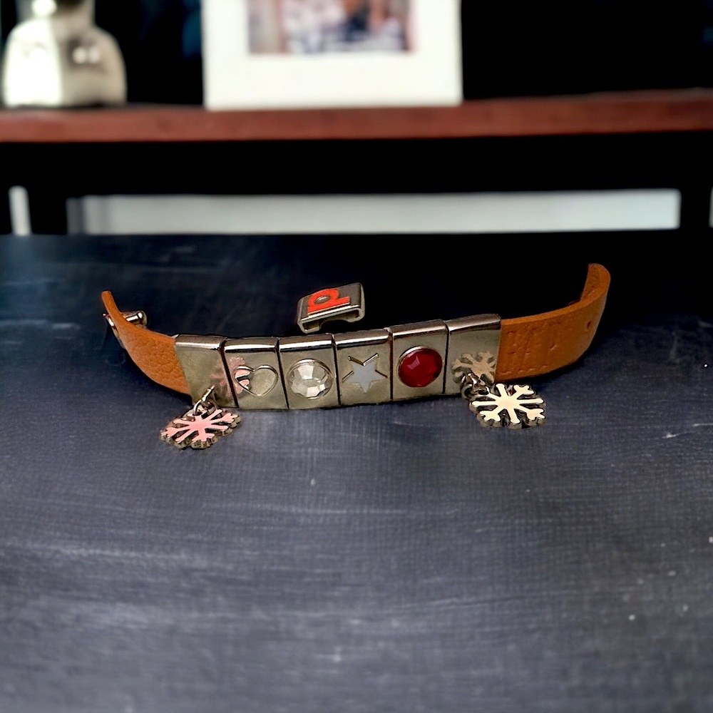 GAP Tan leather bracelet with heart,star,rhinestone and snowflake slide charms